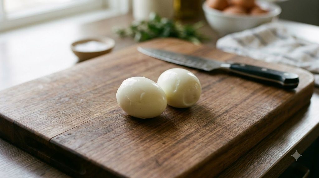 Peeled hard-boiled eggs on a cutting board ready to be chopped