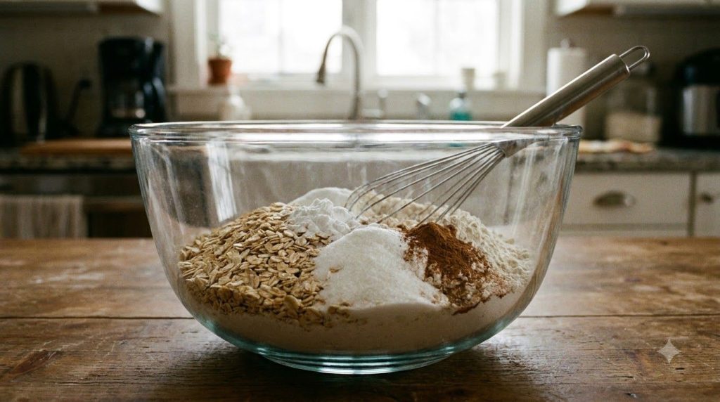 A mixing bowl filled with dry ingredients flour oats sugar baking powder baking soda cinnamon salt ready to be whisked t