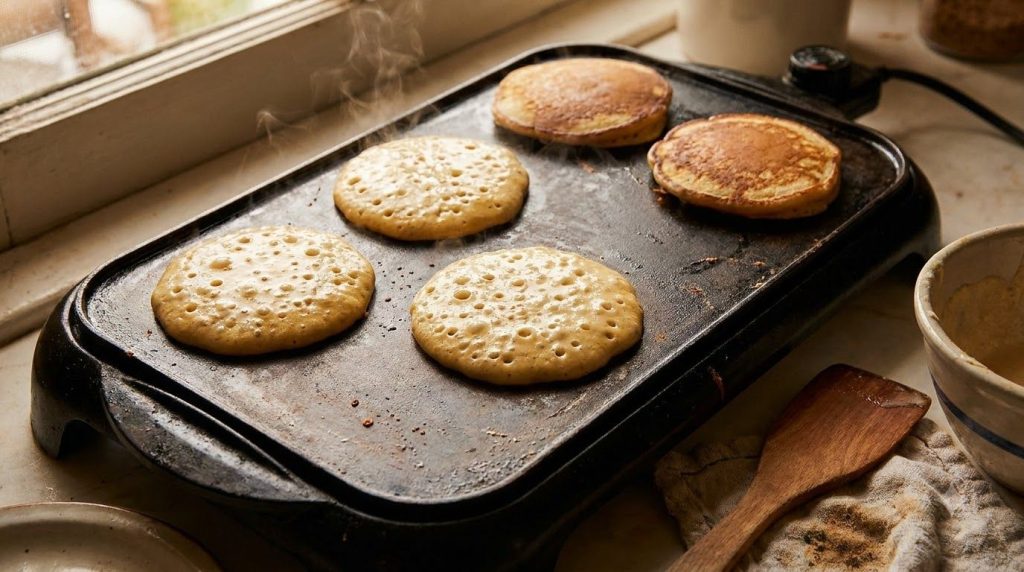 Pancakes cooking on a hot griddle with bubbles forming on the uncooked side indicating they are ready to be flipped