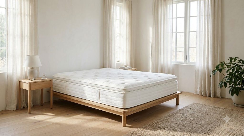 A clean fresh mattress in a bright bedroom suggesting comfort and hygiene