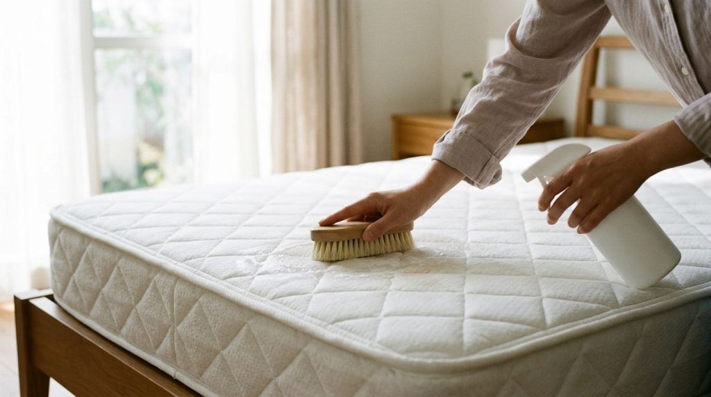 A person is seen using a spray bottle to apply a cleaning solution onto a white mattress followed by gently scrubbing wi