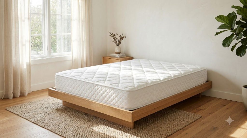 A perfectly clean fresh white quilted mattress on a bed frame in a bright minimalist bedroom The sunlight streams in thr