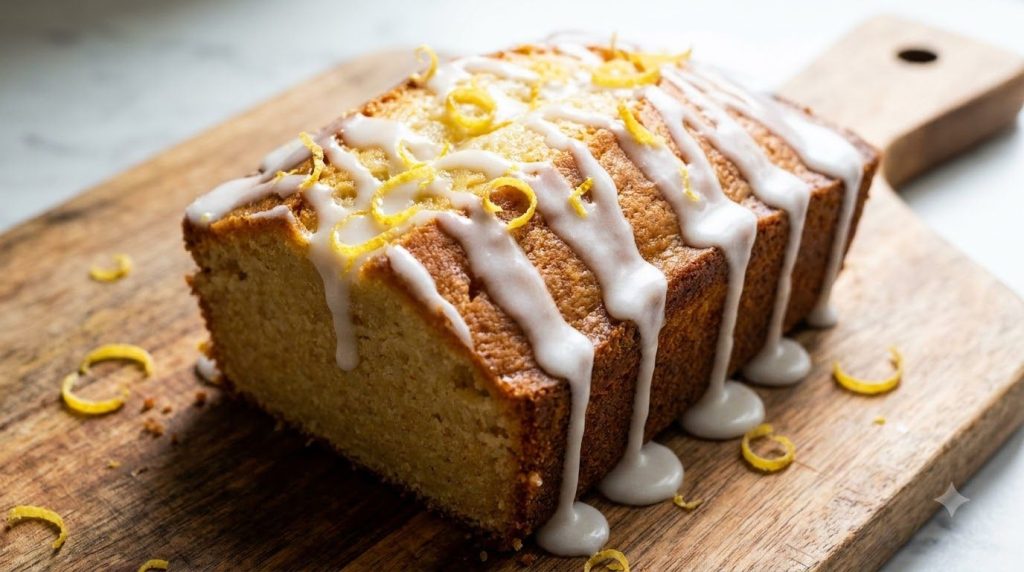 A close-up of a freshly baked lemon pound cake drizzled with a white powdered sugar glaze garnished with lemon zest on a
