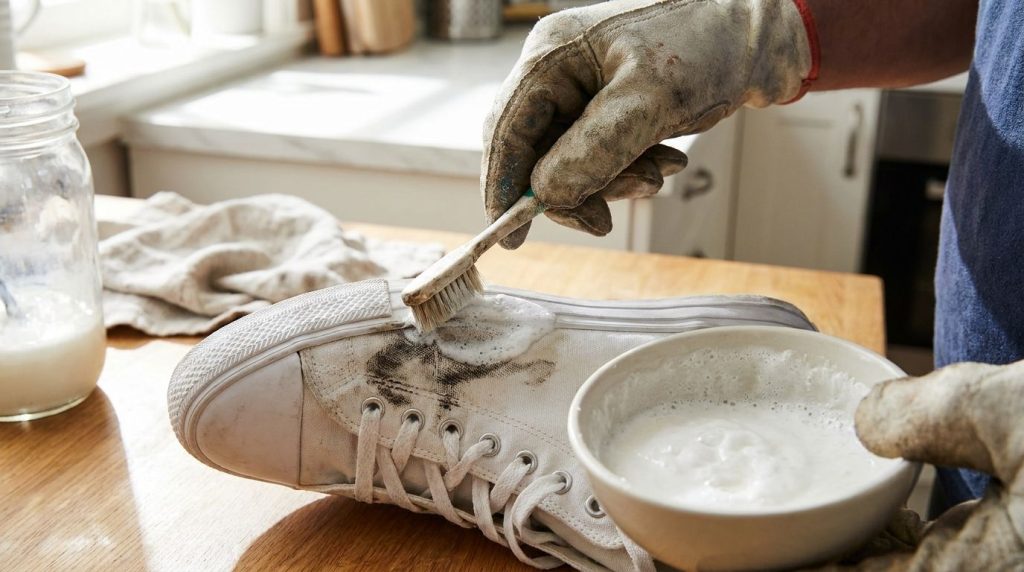 A close-up of a hand applying a paste of baking soda and vinegar with a toothbrush to a stubborn stain on a white sneake