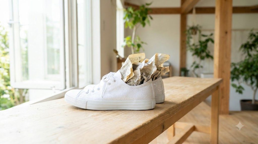 A pair of sparkling white clean sneakers air-drying with newspaper stuffed inside placed in a well-ventilated area