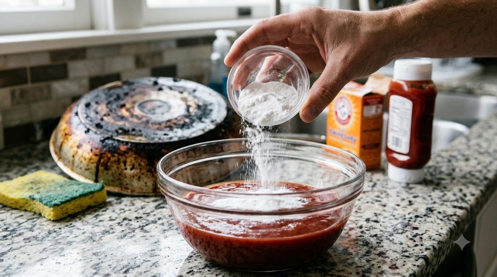 A close-up kitchen scene centered on a hand pouring white powder from a small glass bowl into a larger glass bowl contai