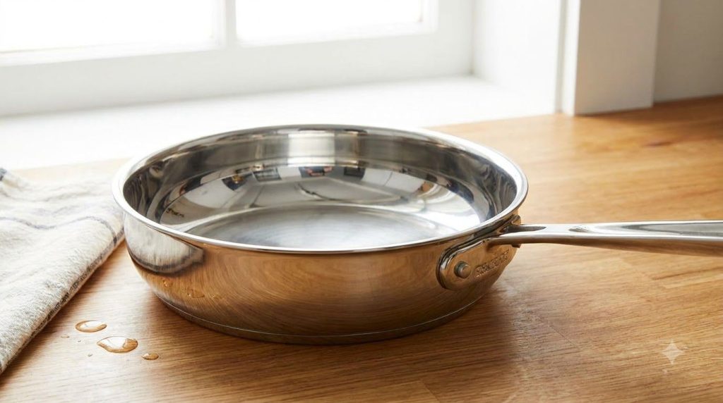 A sparkling clean shiny metal pan perfectly clean and reflective placed on a kitchen counter after being cleaned showcas