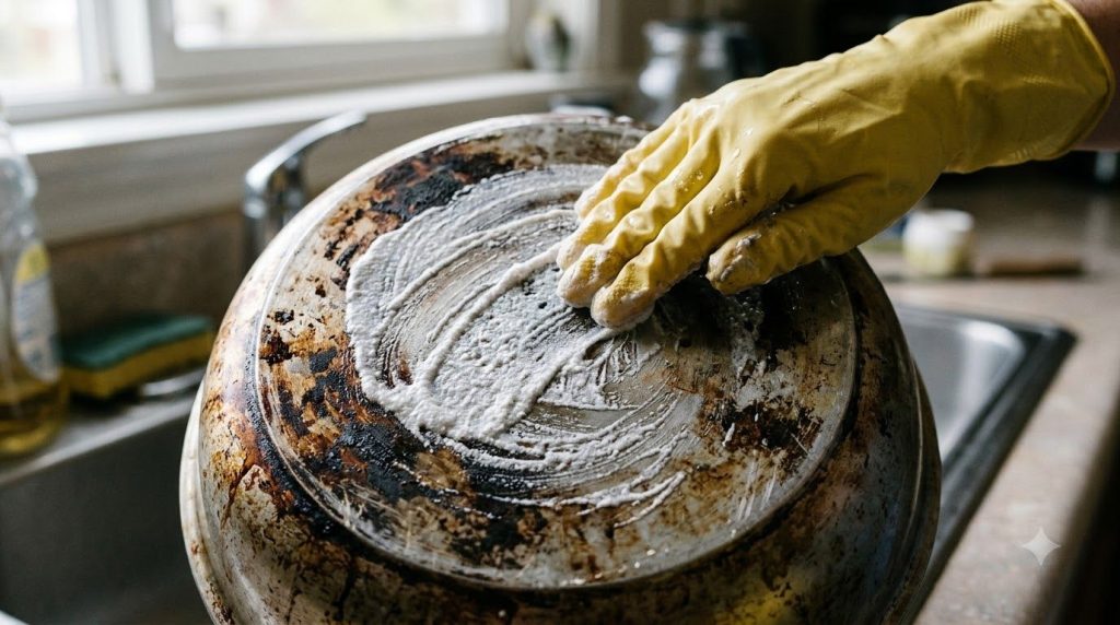 A hand wearing a glove applying a thick white paste onto the burnt bottom of an inverted metal pan spread evenly over th