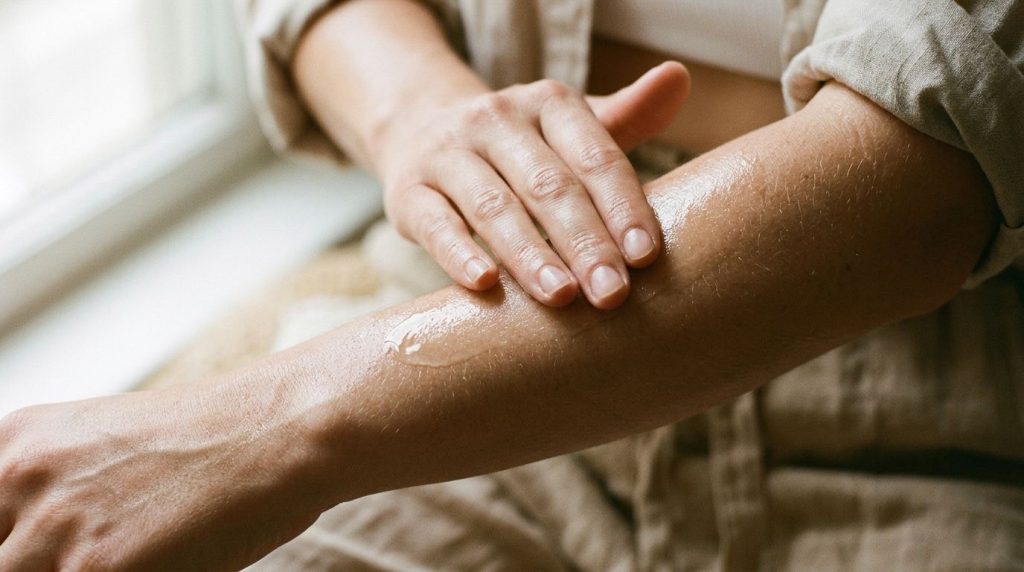 A close-up of a hand gently massaging baby oil onto a forearm
