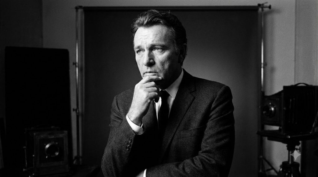 A black and white portrait of Richard Burton looking intense and serious