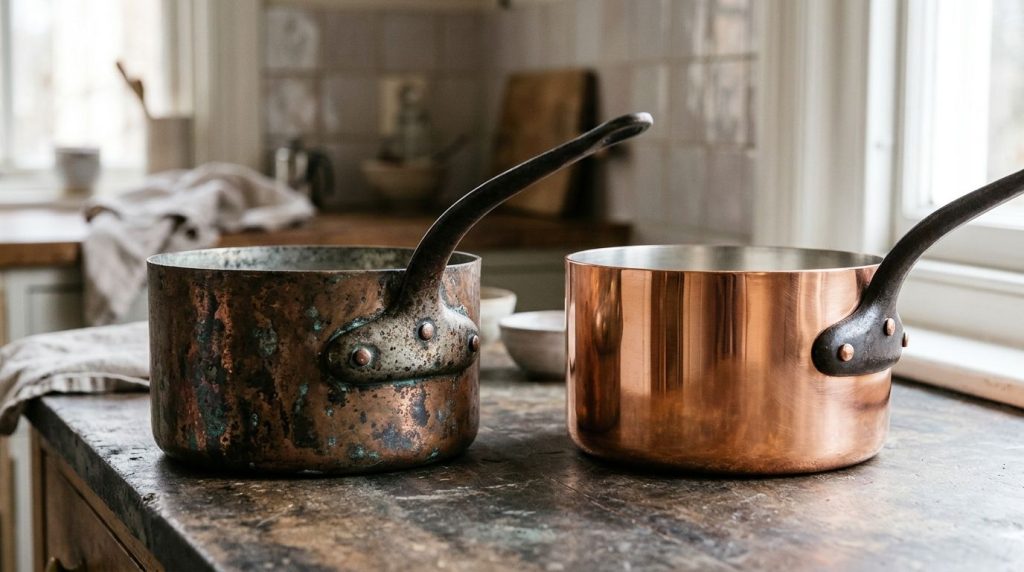 A gleaming polished copper pot next to a dull tarnished one showcasing a before and after comparison on a kitchen counte