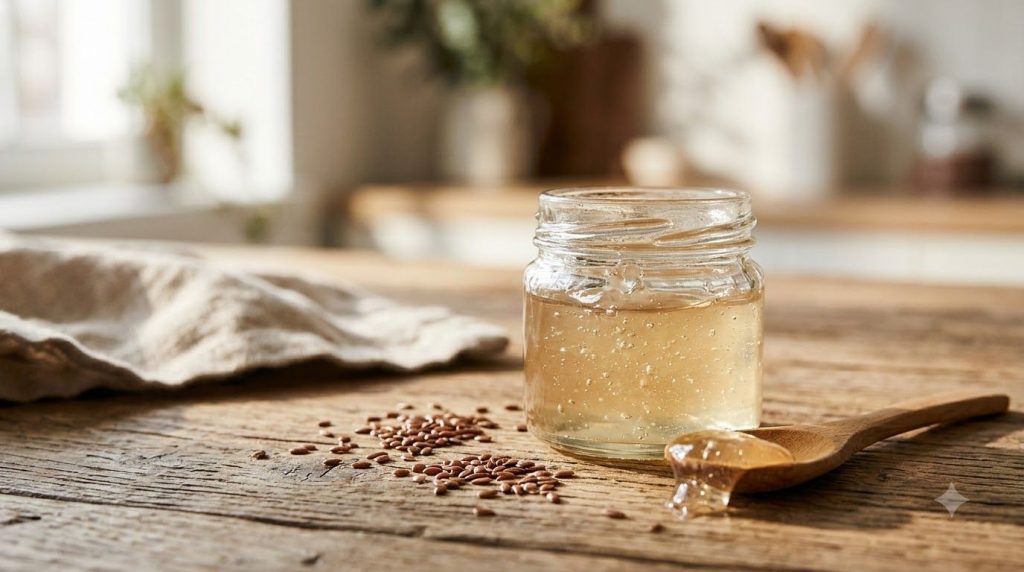 A close-up shot of homemade flaxseed gel in a small glass jar with some flaxseeds scattered around conveying a natural a