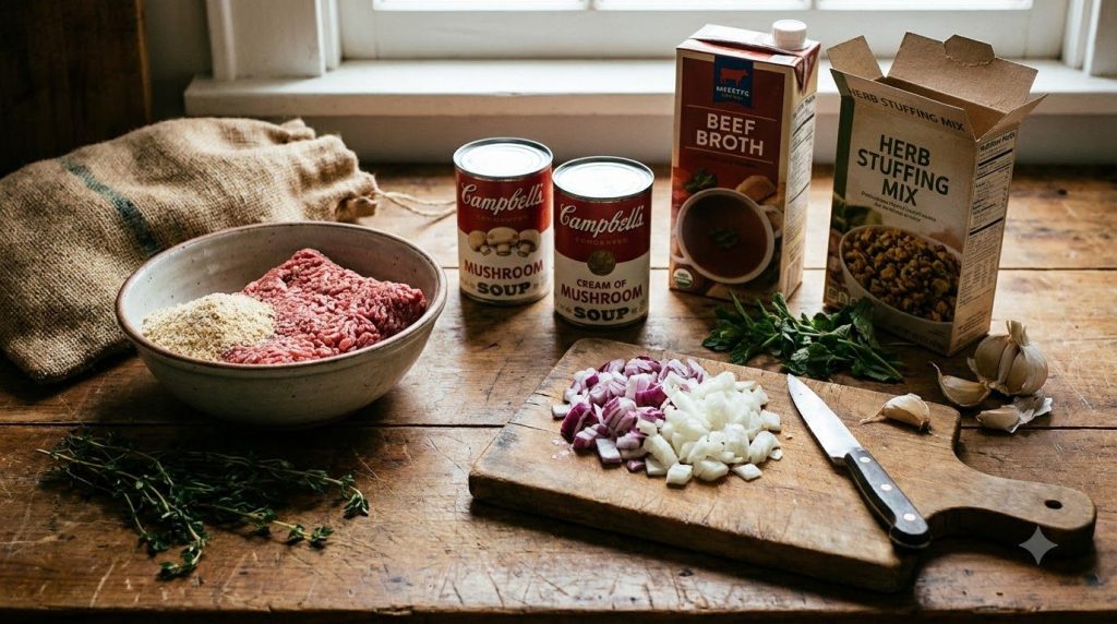 Various fresh ingredients for slow cooker beef patties ground beef breadcrumbs onion mushroom soup cans beef broth and s