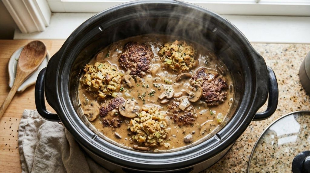 Beef patties and stuffing cooking in a slow cooker covered in rich gravy