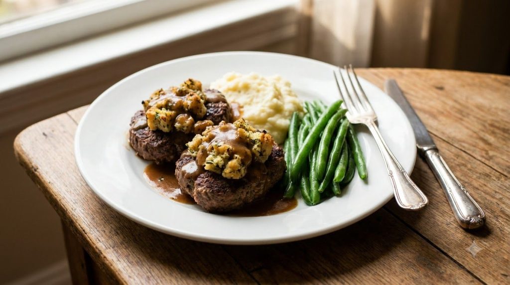 A complete meal of slow cooker beef patties with mashed potatoes and green beans