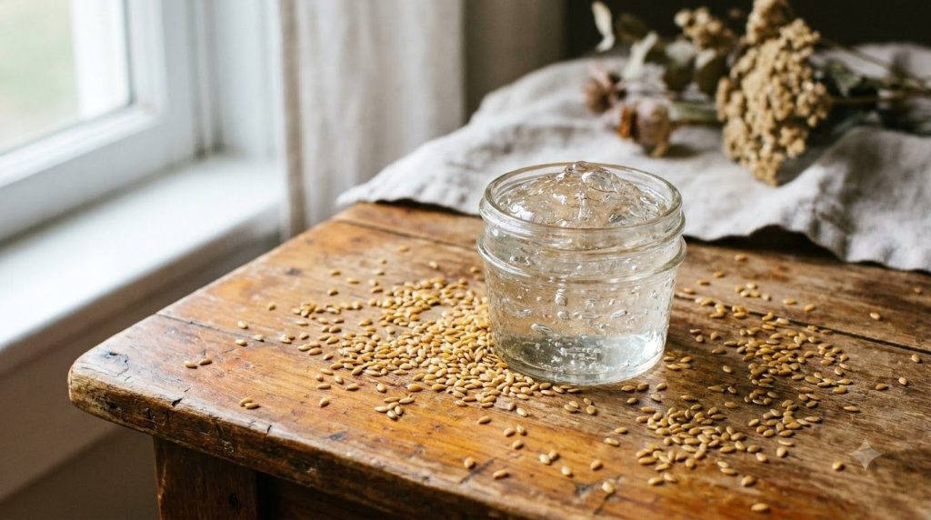 A close-up of a glass jar filled with homemade flaxseed gel with scattered flaxseeds around it on a rustic wooden surfac