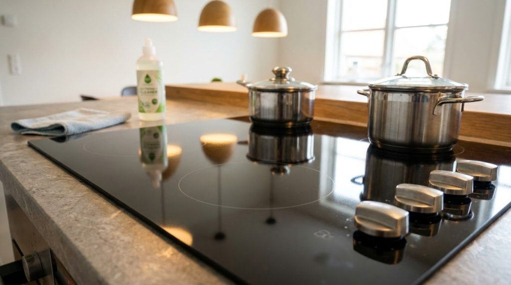 A perfectly clean and shining electric stove top in a modern kitchen sparkling after a deep clean reflecting the light
