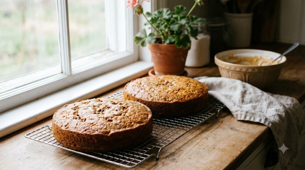 Two perfectly baked carrot cake layers cooling on a wire rack