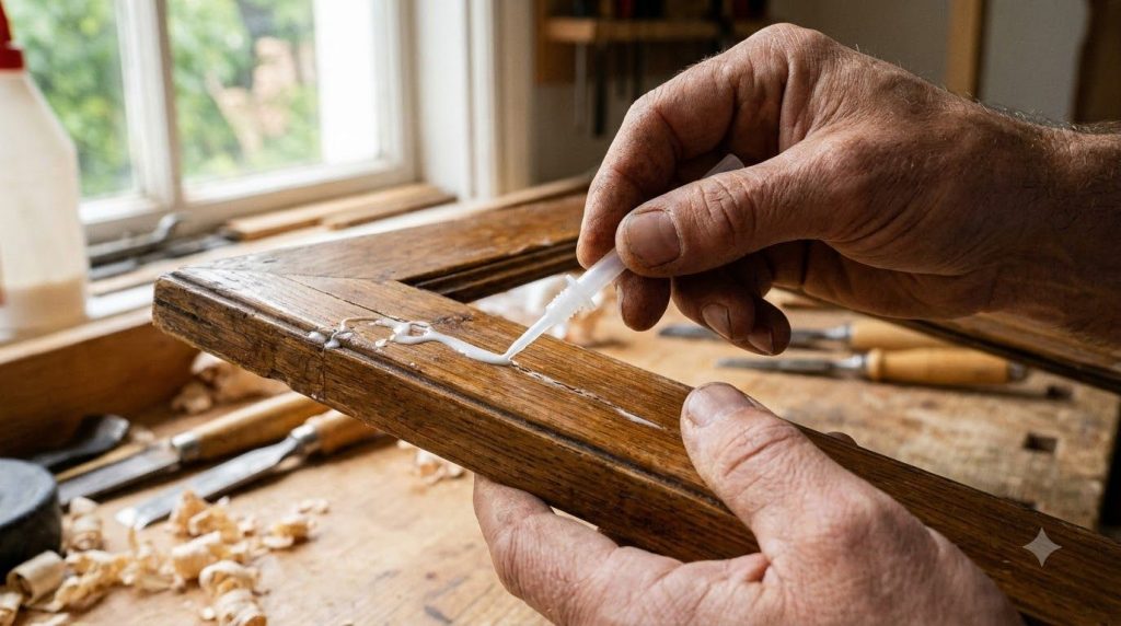Hands applying PVA glue to a small crack in a wooden frame