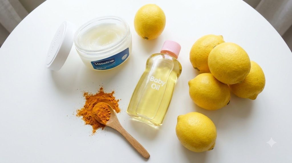 Individual ingredients for the face mask a jar of Vaseline a bottle of baby oil whole fresh lemons and a pile of turmeri