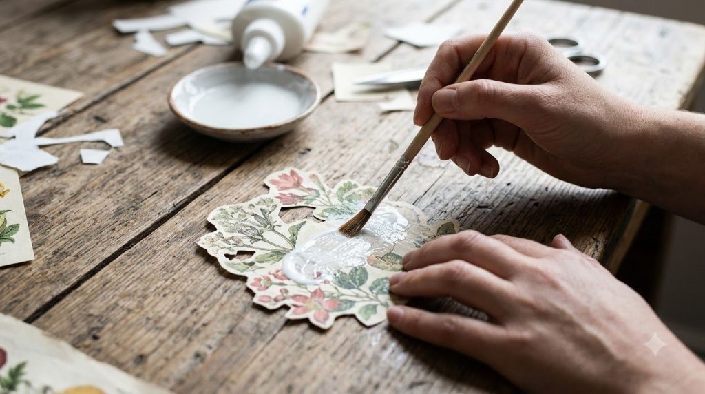 Close-up of a person using a brush to apply PVA glue to a piece of paper for a decoupage project