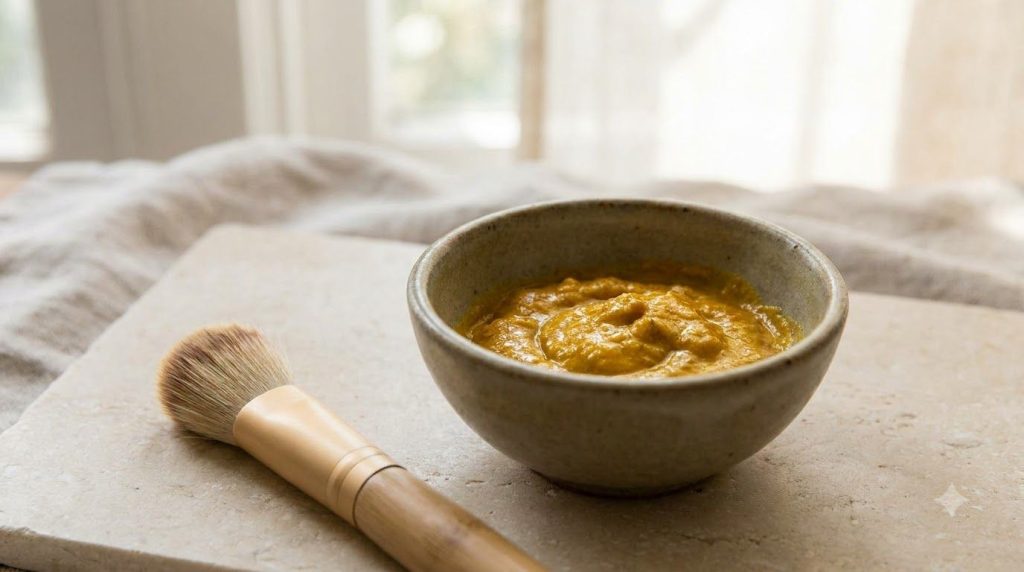 A small bowl containing the mixed yellow paste of the Vaseline baby oil lemon and turmeric mask with a clean application