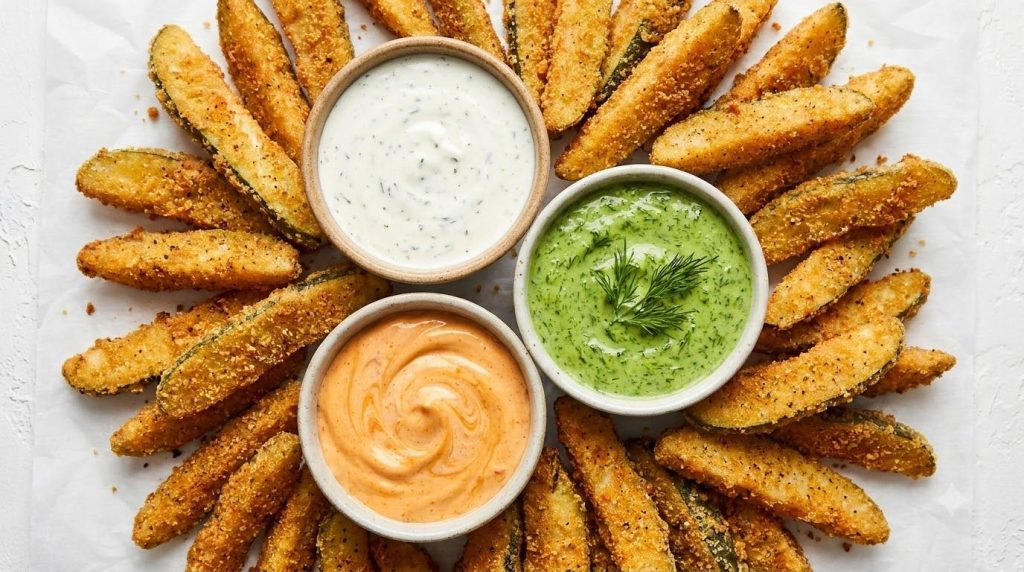 A bowl of crispy pickle fries with a variety of healthy dipping sauces like ranch sriracha mayo and dill dip