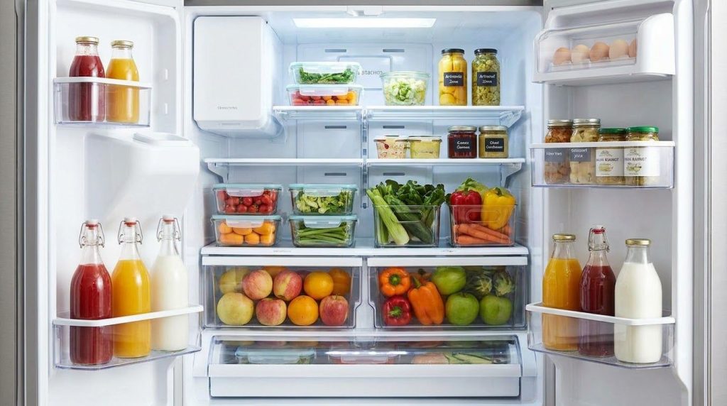 A pristine sparkling clean refrigerator interior fully organized with fresh produce beverages and condiments in clear co