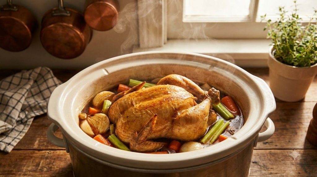 A slow cooker filled with a whole chicken simmering in the honey-soy glaze with vegetables underneath demonstrating the