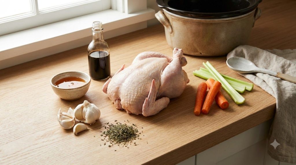 All the ingredients for slow cooker honey whole chicken laid out on a kitchen counter a whole chicken honey soy sauce ga