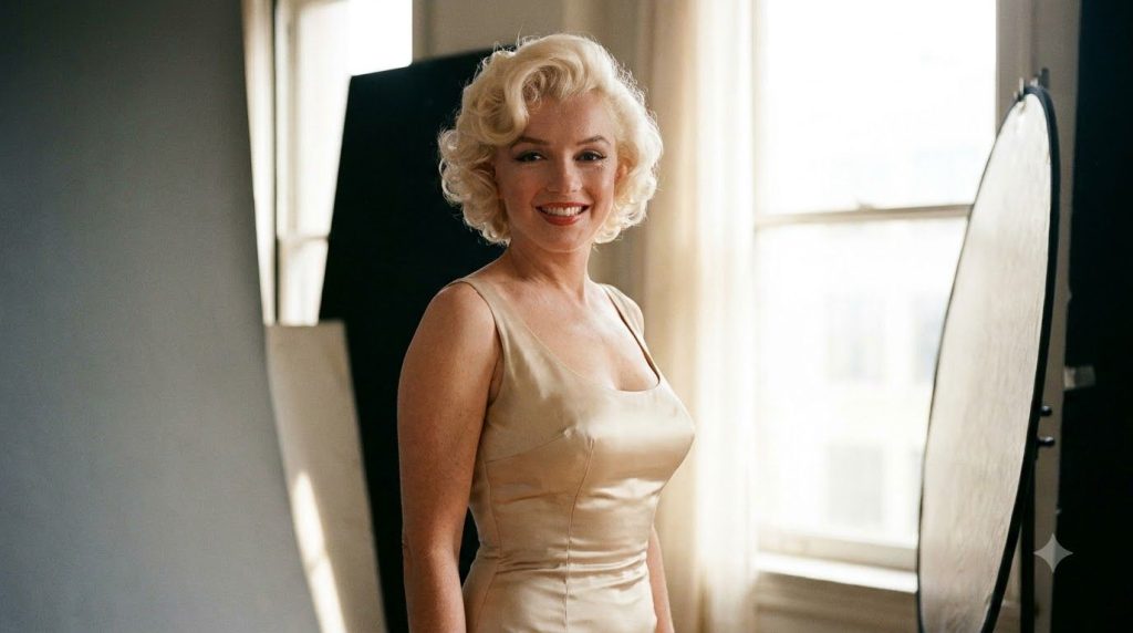 A classic portrait of Marilyn Monroe smiling with her signature blonde curls and an elegant dress