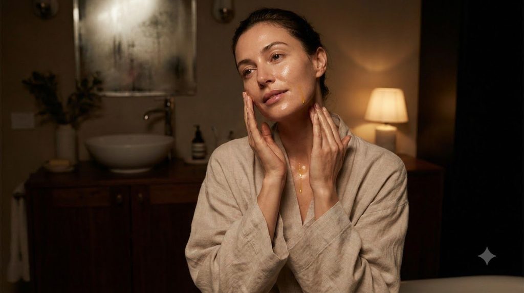 A woman gently massaging a few drops of the DIY oil onto her clean face and neck during her nighttime routine in a soft 