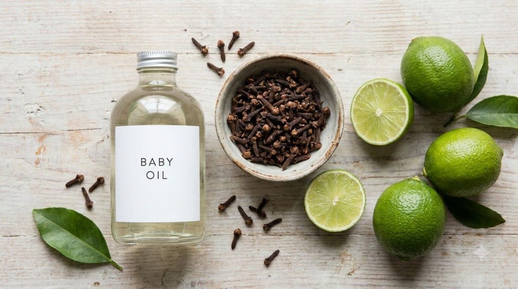 Ingredients for DIY collagen oil a bottle of baby oil a bowl of whole cloves and fresh limes on a wooden surface