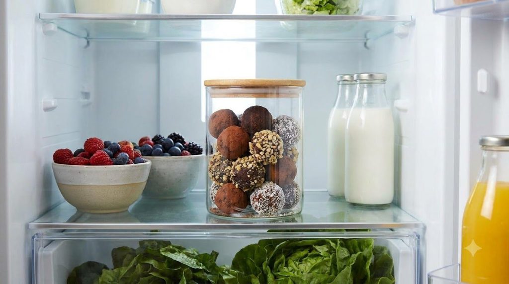 An airtight glass container filled with healthy chocolate truffles stored in a refrigerator next to other fresh ingredie