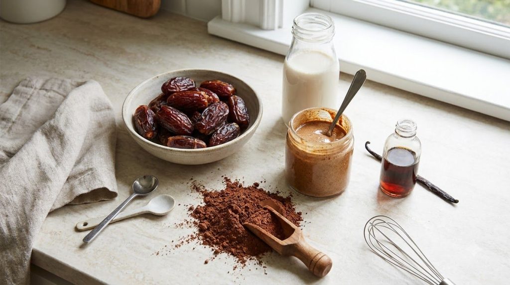 A flat lay of ingredients for healthy chocolate truffles Medjool dates cocoa powder almond butter plant-based milk and v