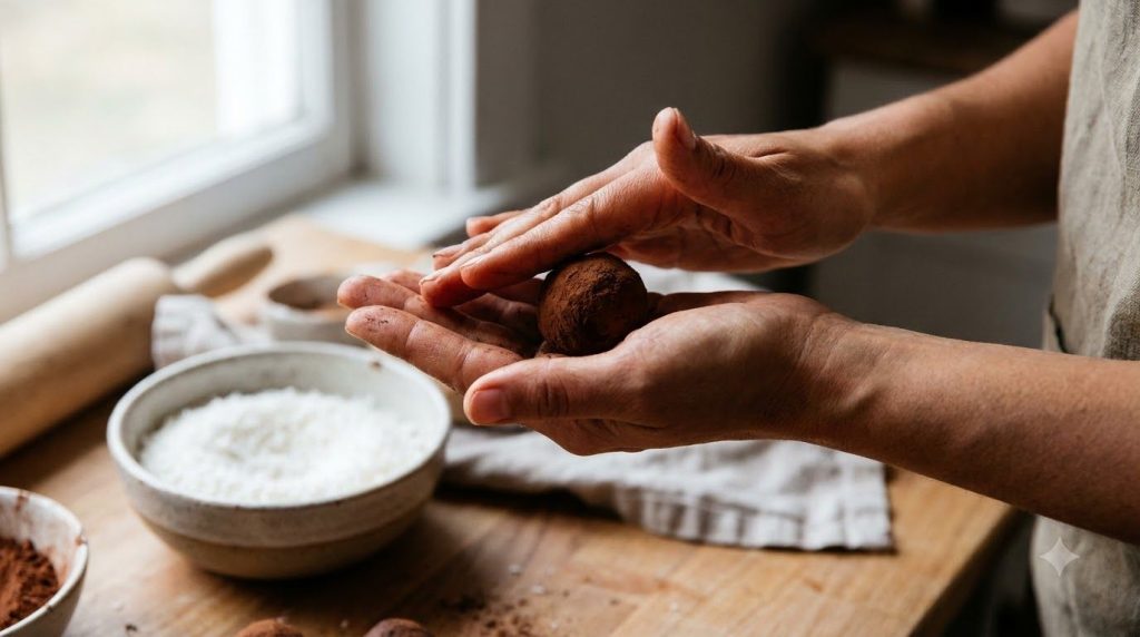 A hand rolling a dark chocolate truffle preparing to coat it in shredded coconut The background is blurred focusing on t
