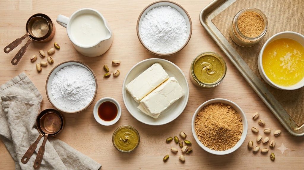 Various ingredients for a no-bake pistachio cheesecake laid out on a kitchen counter cream cheese heavy cream powdered s