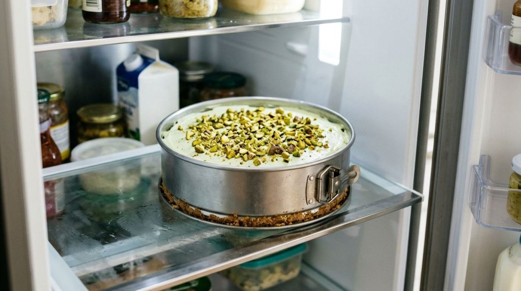 A whole no-bake pistachio cheesecake in a springform pan ready to be chilled in a refrigerator