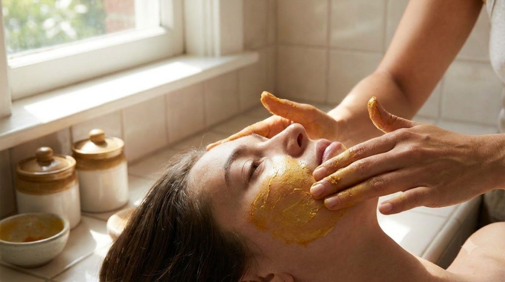 A person s hands gently applying a homemade face mask made with natural ingredients like Vaseline and turmeric on their 