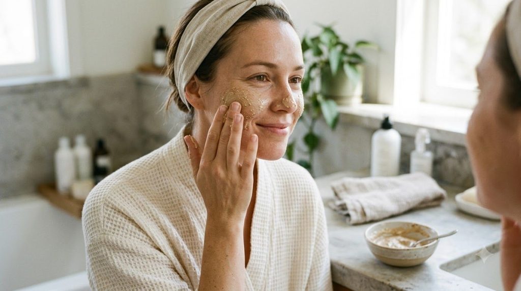 A woman applying a creamy light brown homemade face mask to her face with her fingertips in a brightly lit bathroom smil