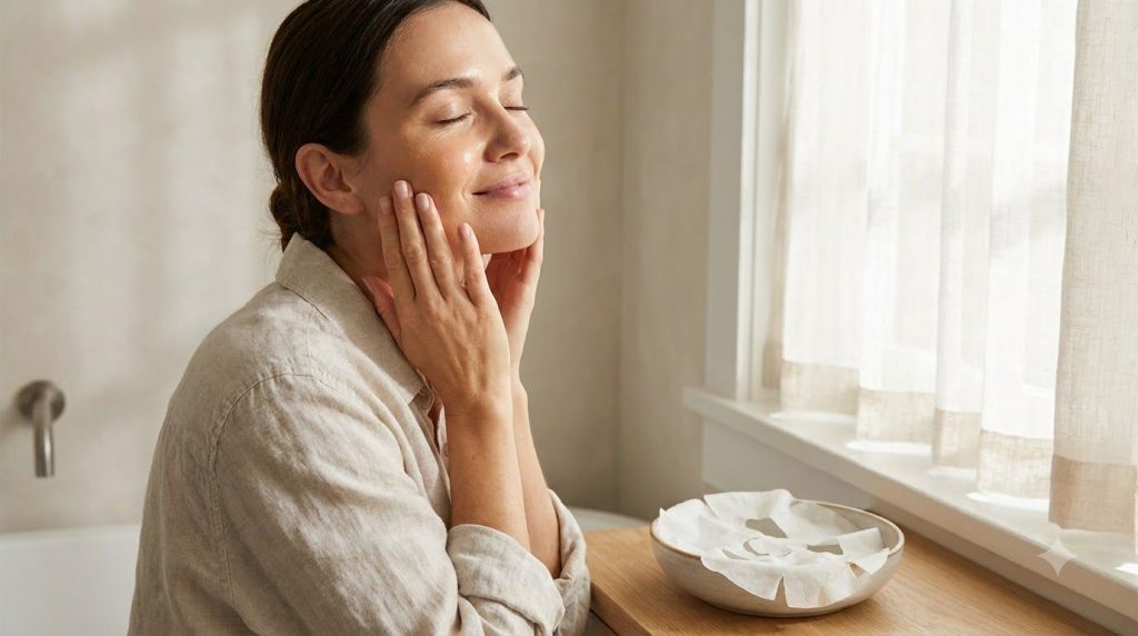 A woman gently touching her radiant glowing cheek after removing a face mask with a satisfied expression