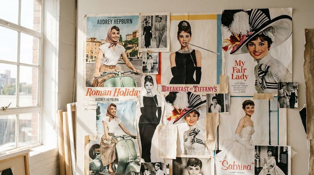 A montage or collage of movie posters or stills featuring Audrey Hepburn from her most famous films such as Roman Holida