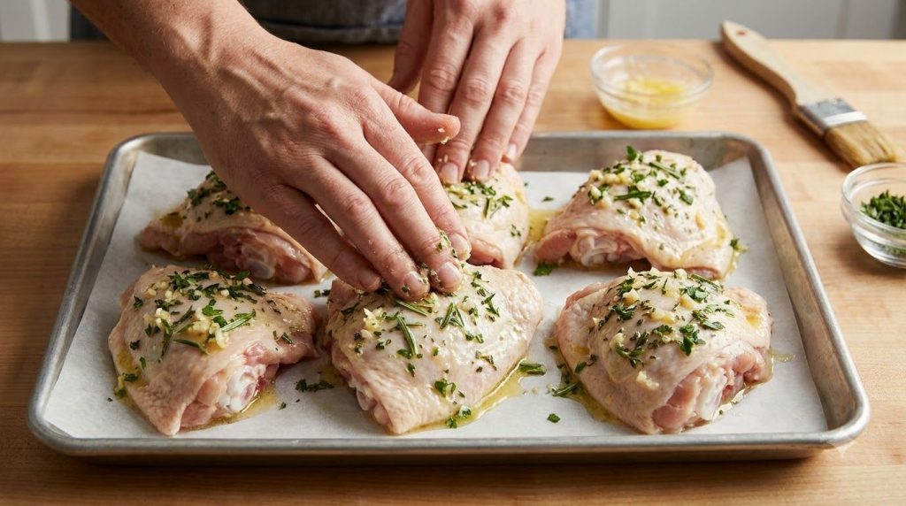A close-up of chicken thighs being seasoned with garlic butter and herbs on a baking sheet before going into the oven