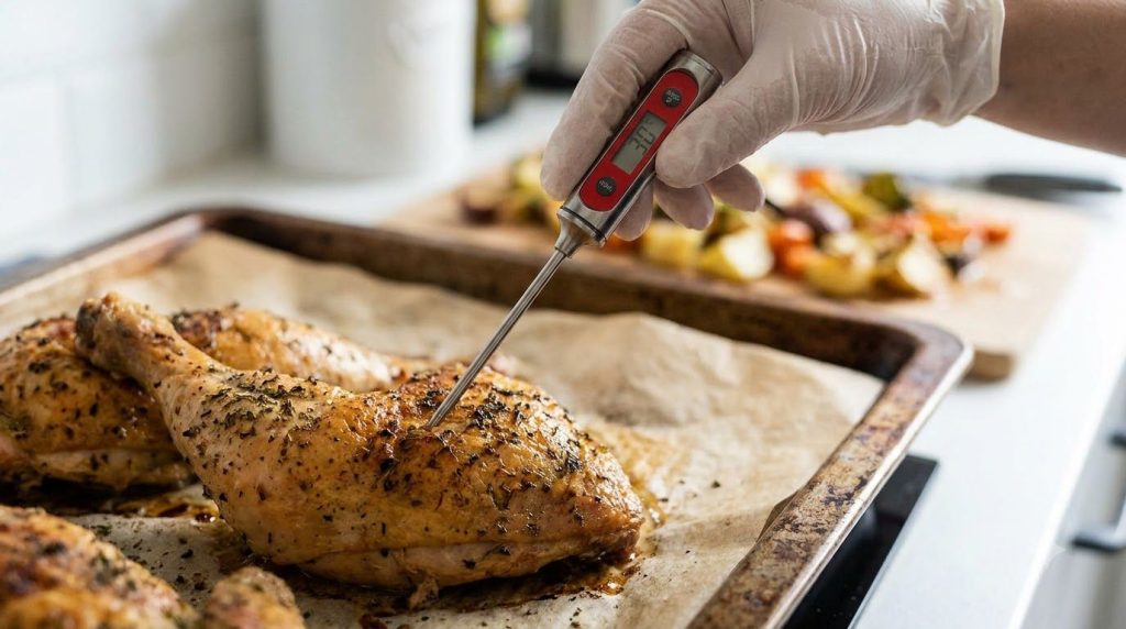 A hand using a meat thermometer to check the internal temperature of a baked chicken thigh