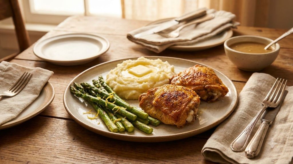 A complete meal featuring oven-baked chicken thighs served alongside roasted asparagus and mashed potatoes