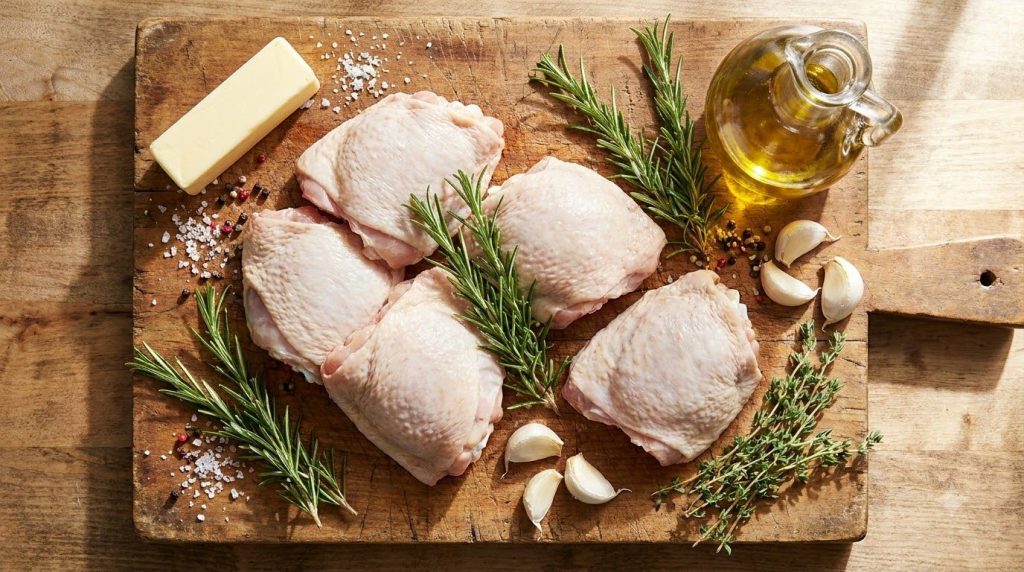 A variety of fresh ingredients for garlic herb chicken thighs laid out on a wooden cutting board