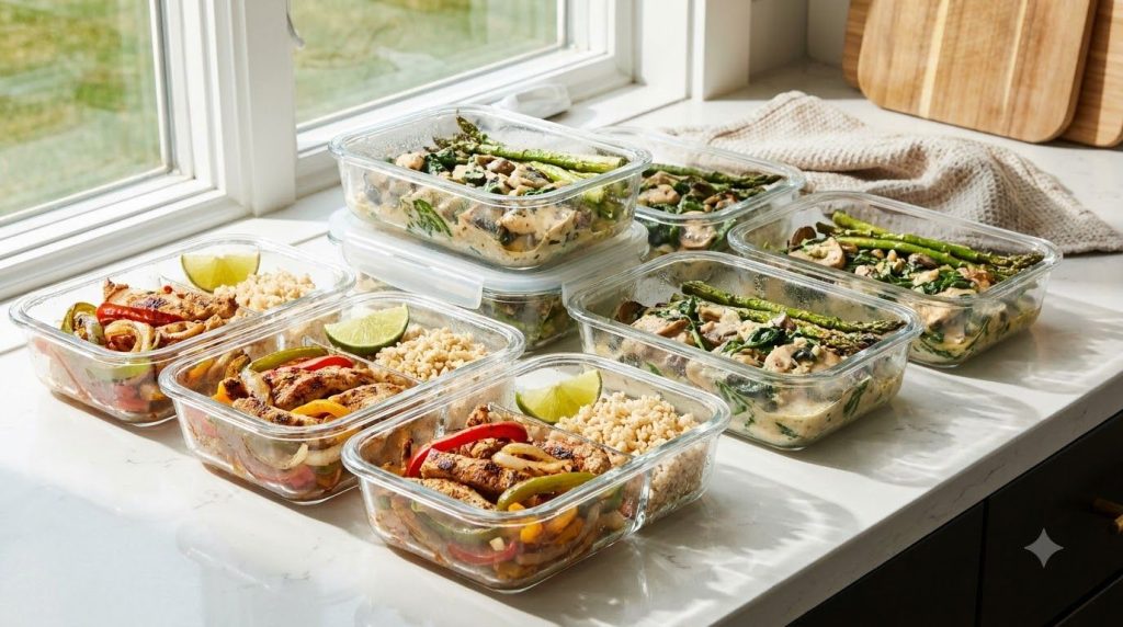 A variety of chicken dinner dishes displayed in healthy meal prep containers ready for the week The containers are clear