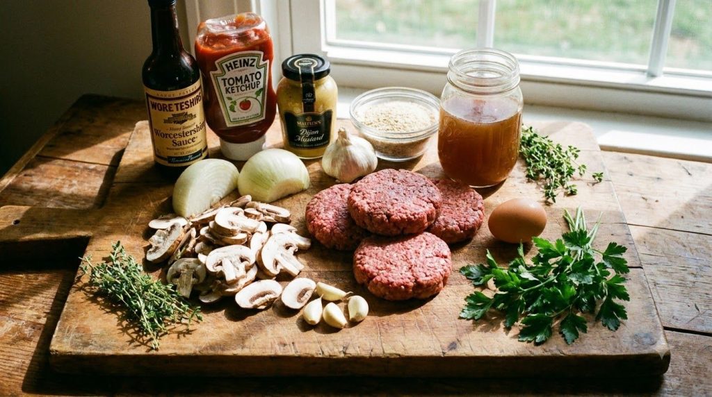 All the ingredients for slow cooker Salisbury steak laid out on a wooden cutting board ground beef mushrooms onion beef 
