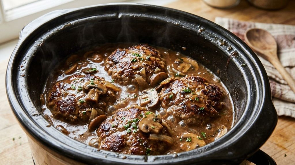 A close-up of browned Salisbury steak patties cooking in a slow cooker with mushroom gravy showing the rich texture and 