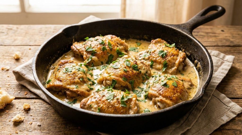 A close-up shot of creamy garlic chicken served in a skillet garnished with fresh parsley The chicken is golden brown an